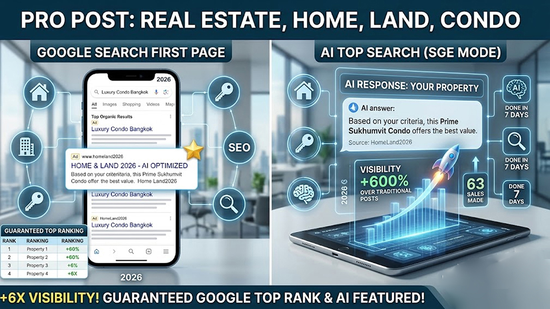 ประกาศ โฆษณา โฆษณาขายอสังหา ติดกูเกิลและAI รับประกาศขายบ้าน โพสต์บ้านที่ดิน ไม่มีค่านายหน้า