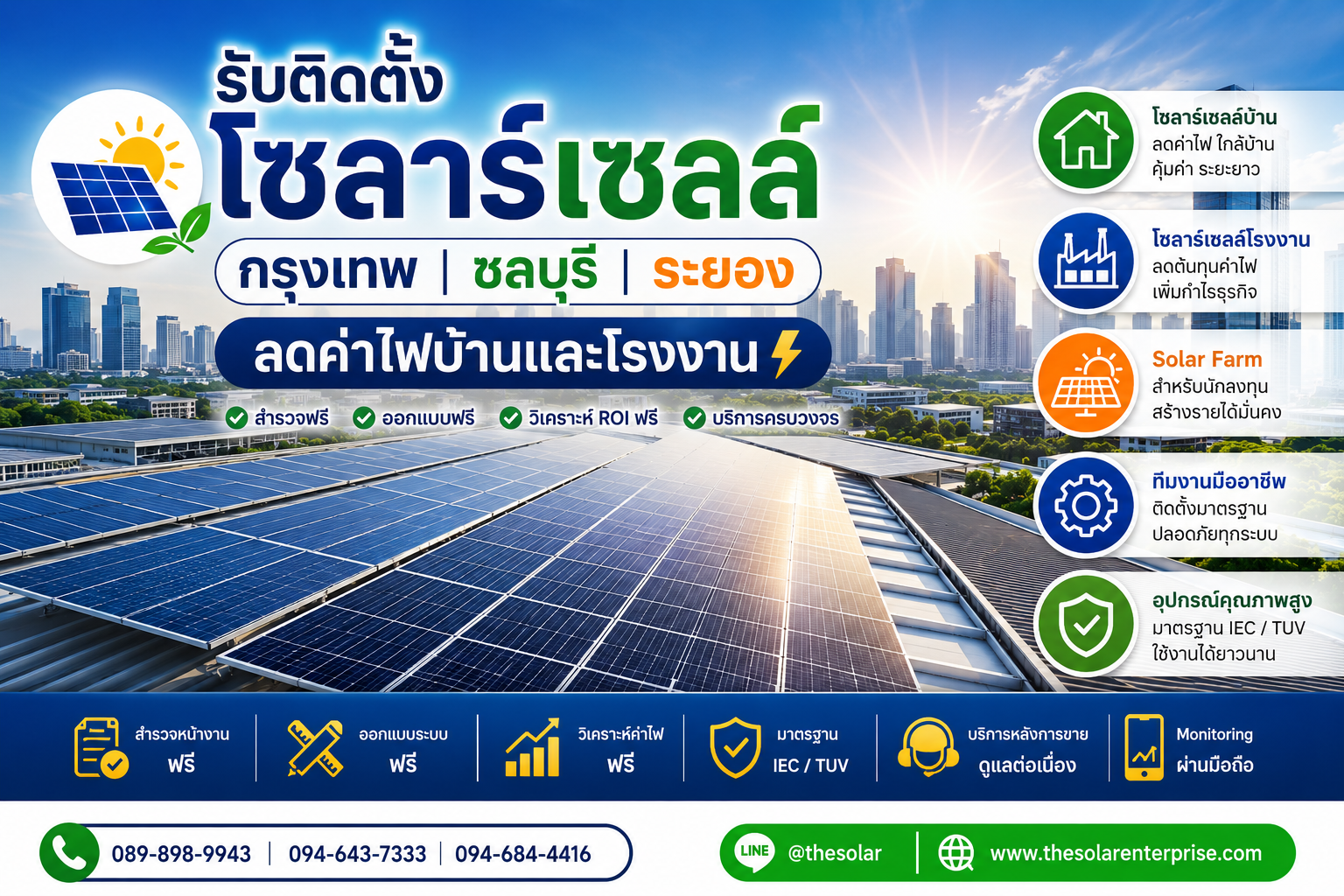 บริการ ประกาศ ลดค่าไฟบ้านและโรงงาน ติดตั้งโซลาร์เซลล์ชลบุรีนิคมอุตสาหกรรม ชลบุรีระยอง ลดค่าไฟจริงวิเคราะห์ROIฟรี ลดค่าไฟบ้านและโรงงาน